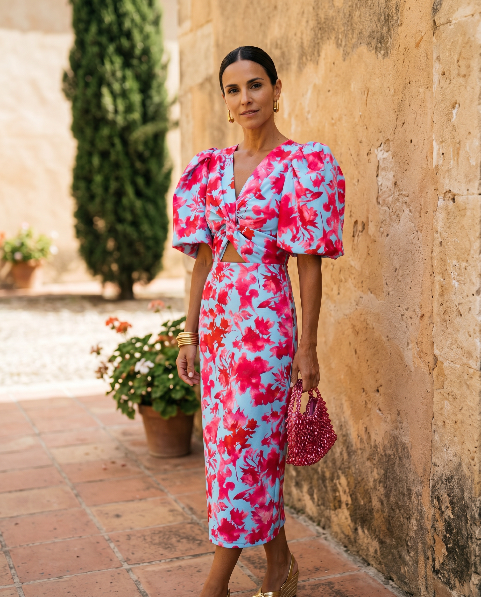 Carla | Vestito Midi Stampato con Maniche a Sbuffo