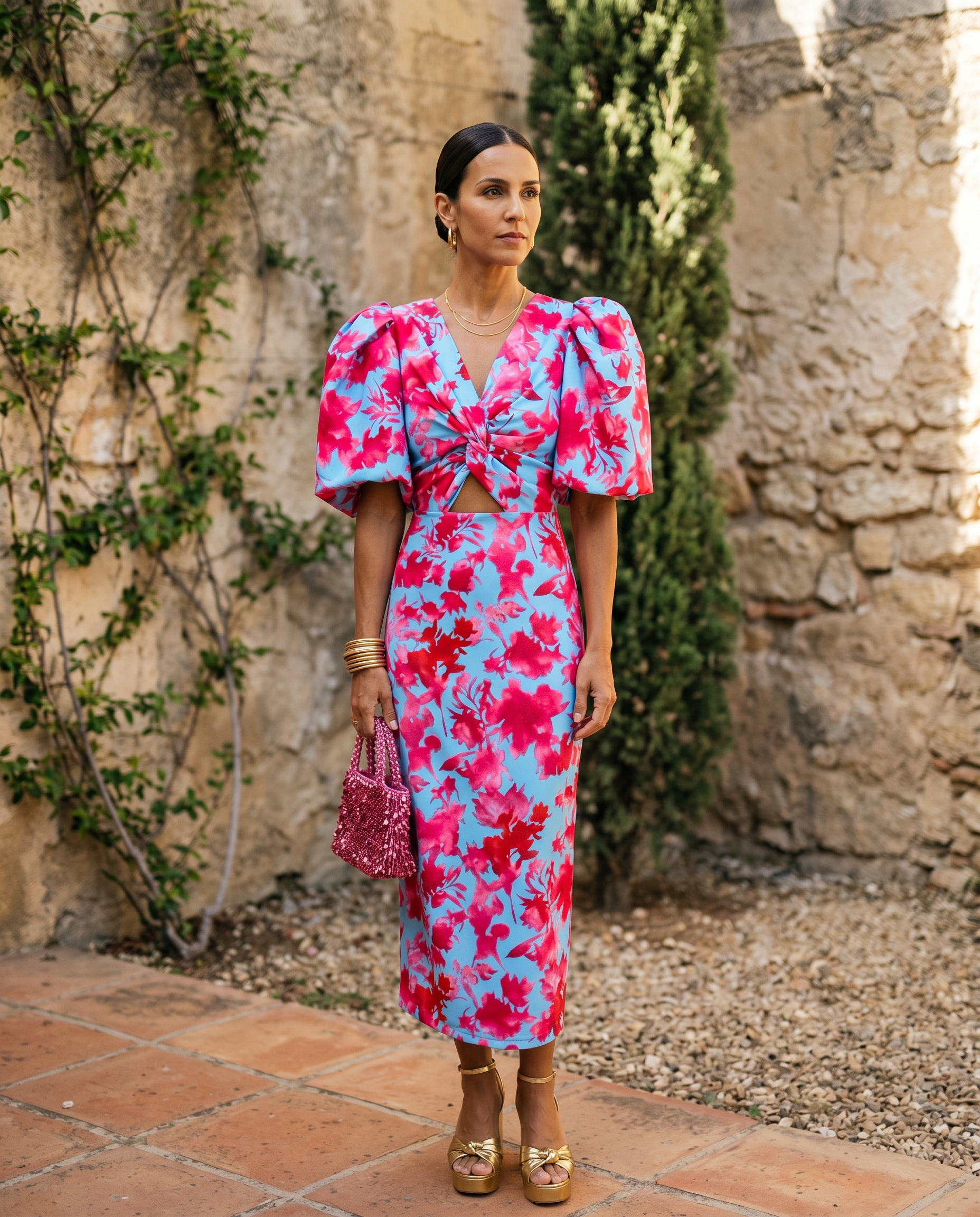Carla | Vestito Midi Stampato con Maniche a Sbuffo
