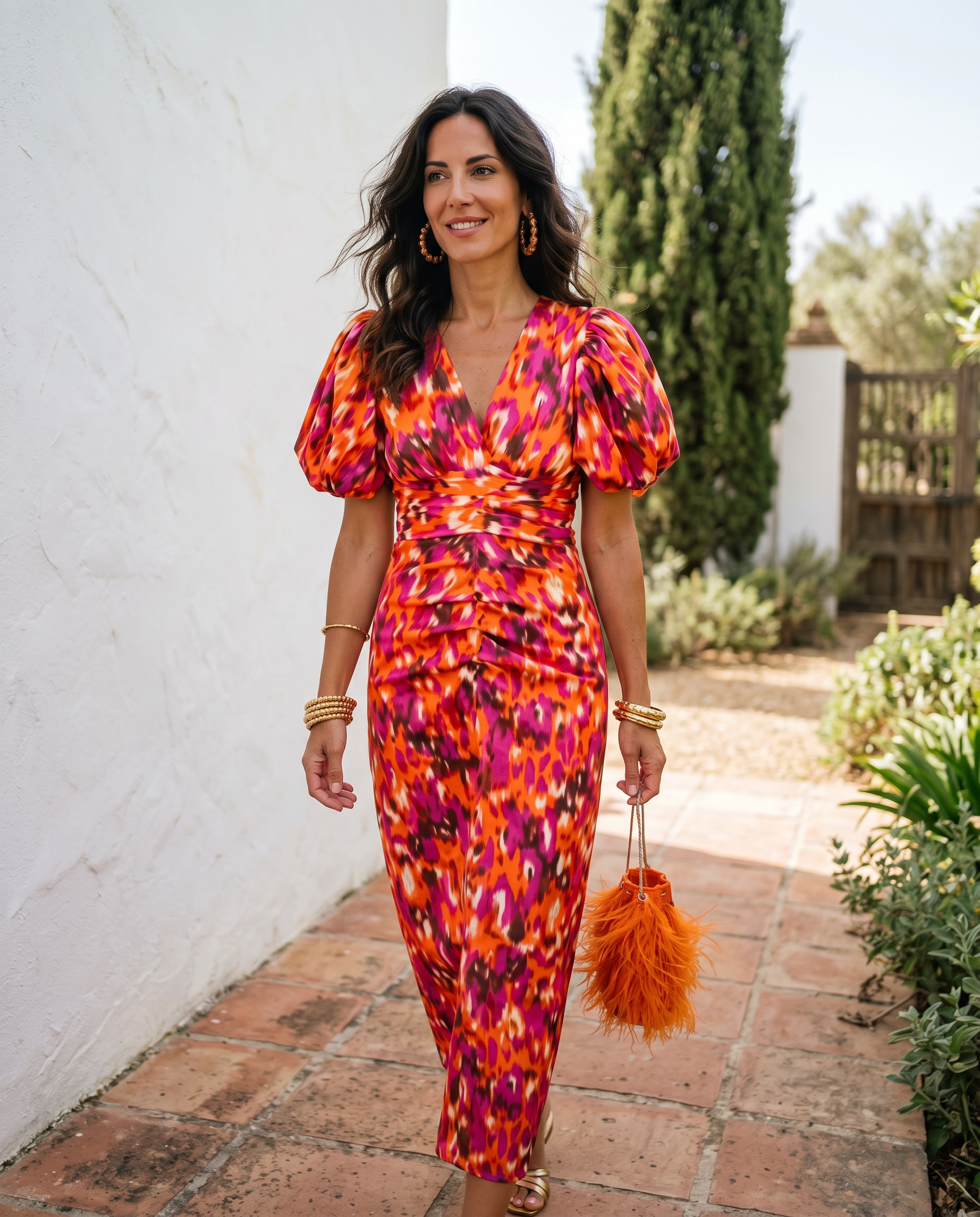 Carla | Vestito Midi Stampato con Maniche a Sbuffo