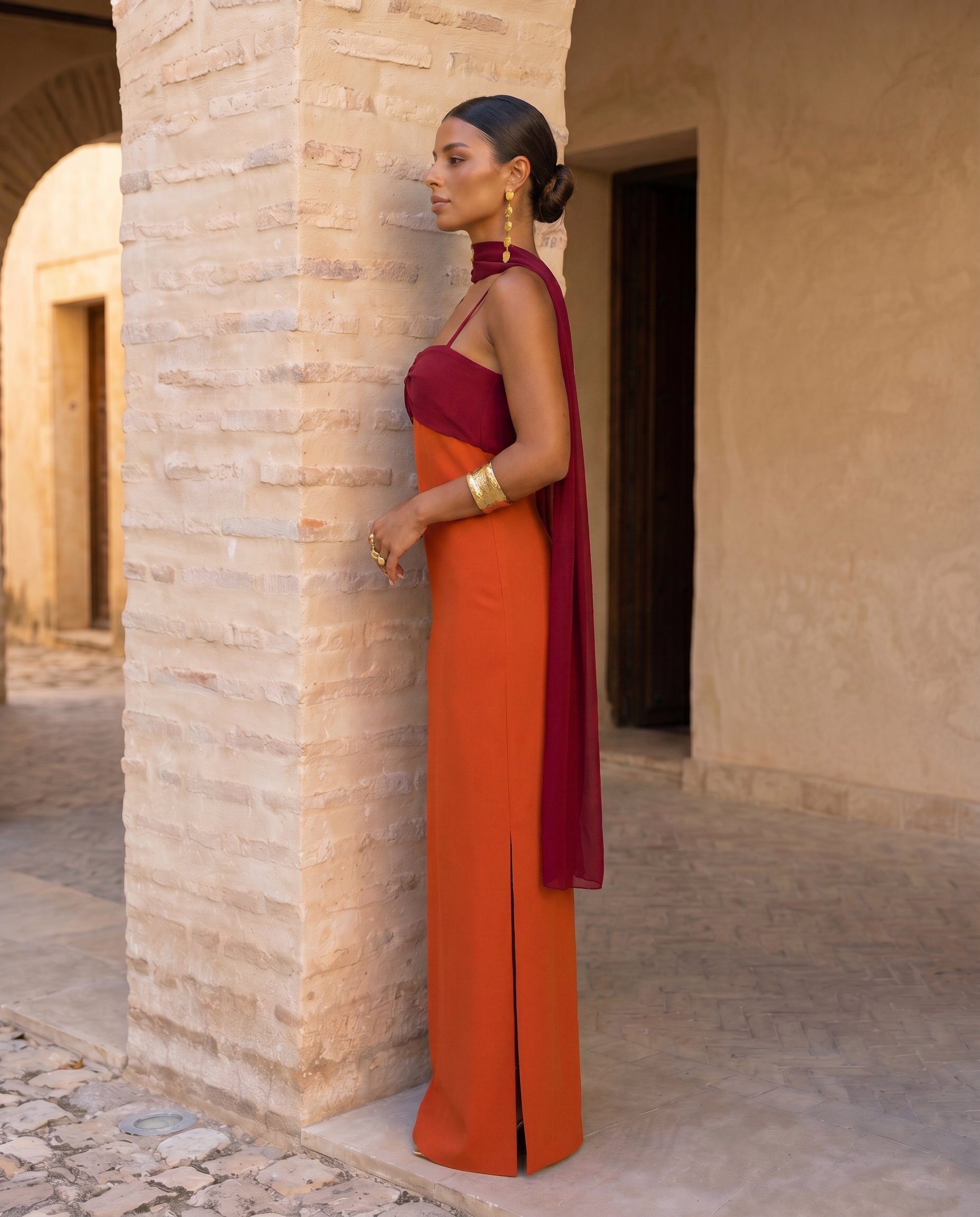 Zahara | Vestito Arancione con Scollo Rosso