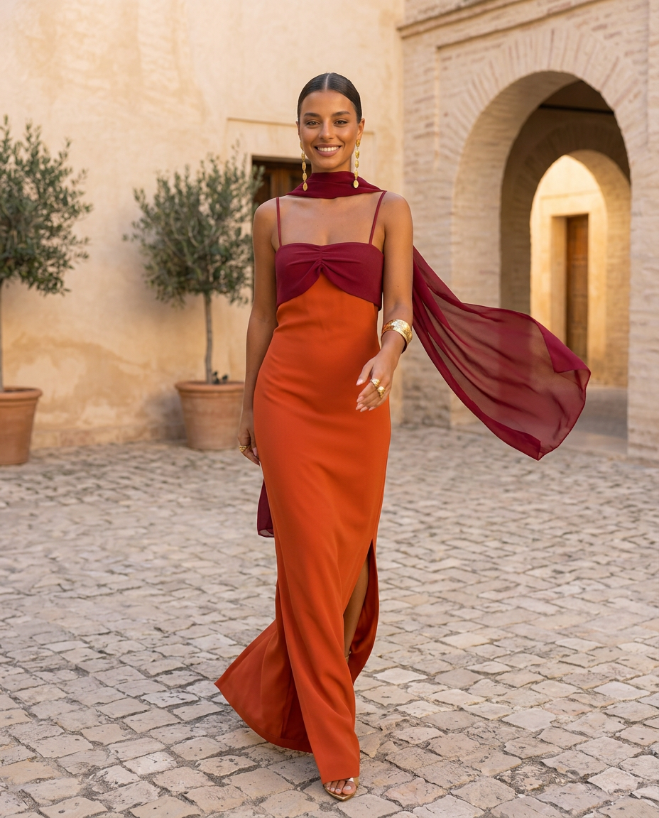 Zahara | Vestito Arancione con Scollo Rosso