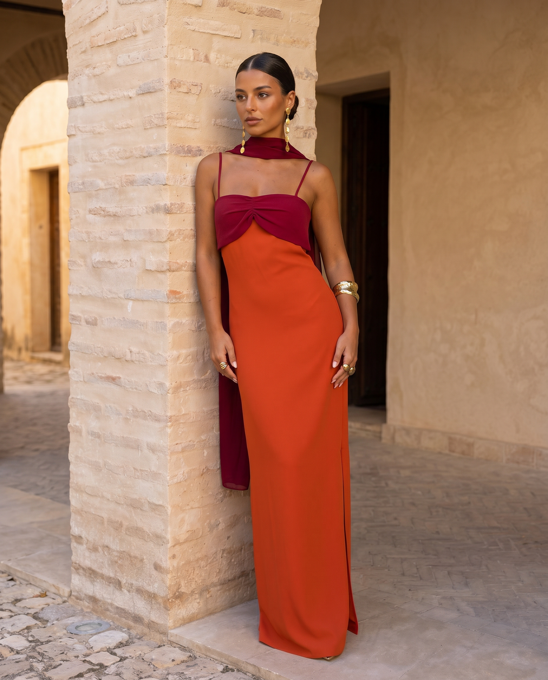 Zahara | Vestito Arancione con Scollo Rosso