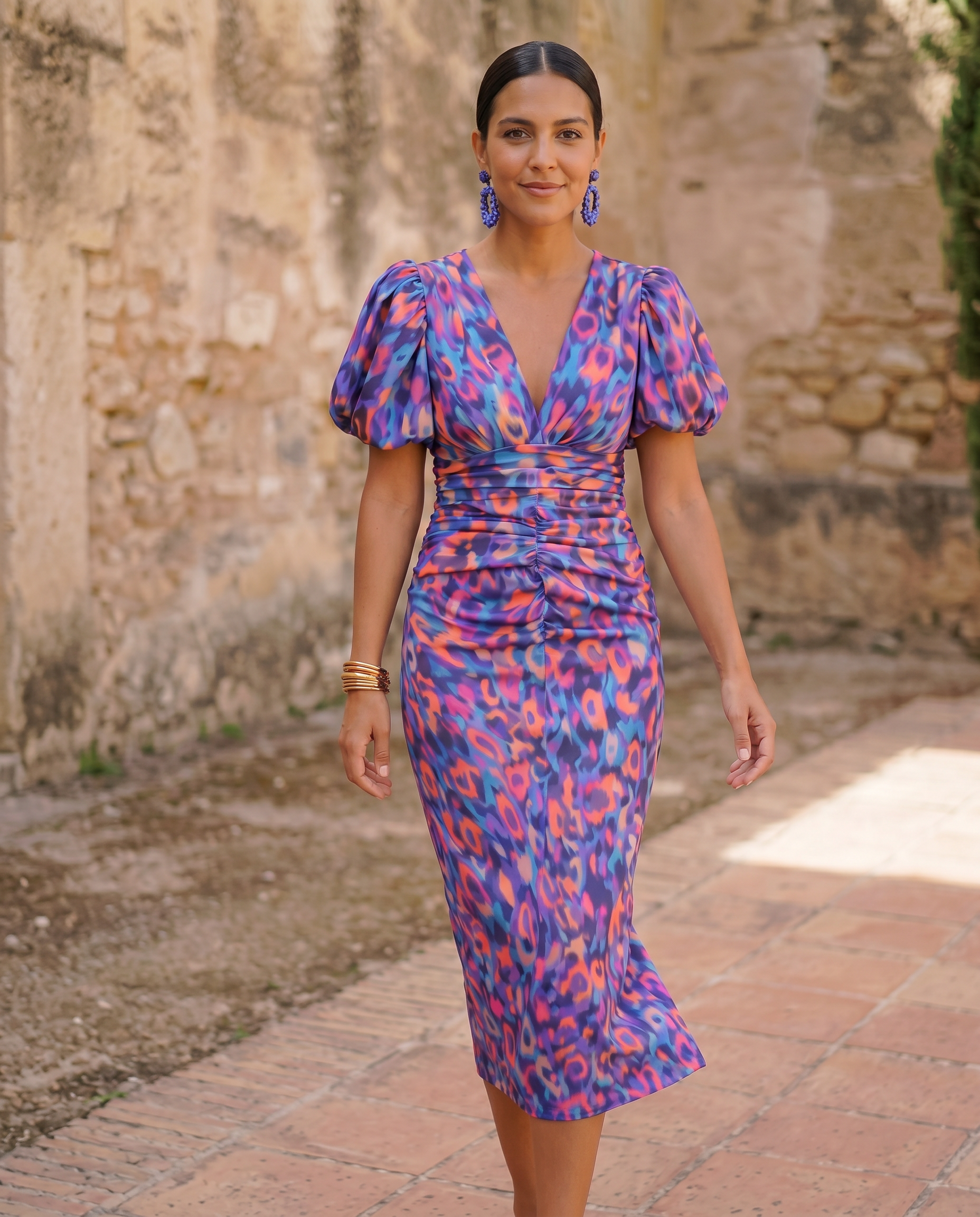 Carla | Vestito Midi Stampato con Maniche a Sbuffo